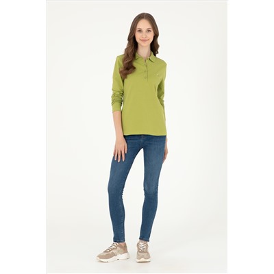 Kadın Fıstık Yeşili Basic Polo Yaka Sweatshirt