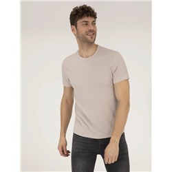 Bej Slim Fit Dokulu Bisiklet Yaka Tişört