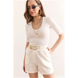 Olalook Kadın Beyaz Derin V Yaka Duble Kol Esnek Pamuk Bluz BLZ-19002951
