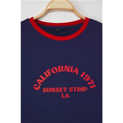 Lacivert Bisiklet Yaka Basklı Örme Büyük Beden T-Shirt TBBSS25BF00014