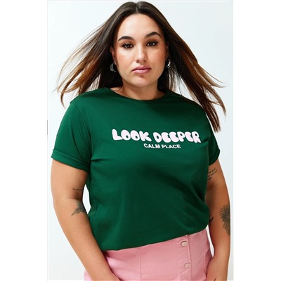 Koyu Yeşil Slogan Baskılı Boyfriend %100 Pamuk Örme Büyük Beden T-shirt TBBSS24BF00036