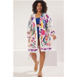 Çok Renkli Çiçek Desenli Kuşaklı Mini Dokuma Balon Kollu %100 Pamuklu Kimono&Kaftan TBBSS25DE00001