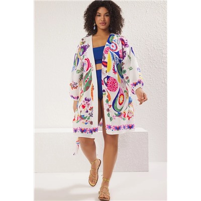 Çok Renkli Çiçek Desenli Kuşaklı Mini Dokuma Balon Kollu %100 Pamuklu Kimono&Kaftan TBBSS25DE00001