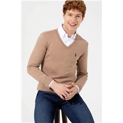 Erkek Camel Melanj V - Yaka Basic Triko Kazak