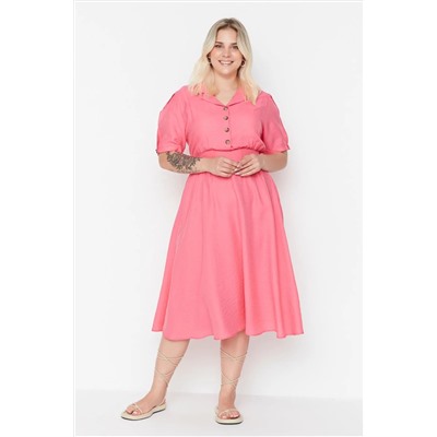 Pembe Gipe ve Düğme Detaylı Dokuma Elbise TBBSS22EL1563
