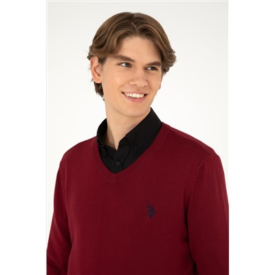 Erkek Slim Fit V Yaka Bordo Basic Kazak