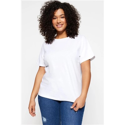 Beyaz Regular Fit Basic Bisiklet Yaka %100 Pamuk Örme Büyük Beden T-Shirt TBBSS22TS0733
