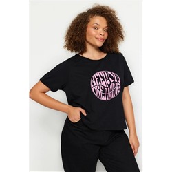 Siyah Regular Slogan Baskılı Crop Boy %100 Pamuk Örme Büyük Beden T-shirt TBBSS23BF00069