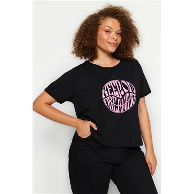 Siyah Regular Slogan Baskılı Crop Boy %100 Pamuk Örme Büyük Beden T-shirt TBBSS23BF00069