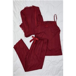 Bordo 3'lü Paket Bağlama ve Dantel Detaylı Örme Pijama Takımı TBBAW26AI00040