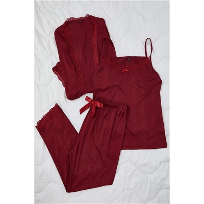 Bordo 3'lü Paket Bağlama ve Dantel Detaylı Örme Pijama Takımı TBBAW26AI00040