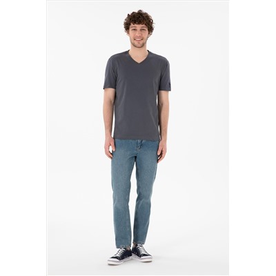 Erkek Regular Fit  V Yaka Antrasit Basic Tişört