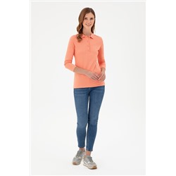 Kadın Somon Basic Polo Yaka Sweatshirt