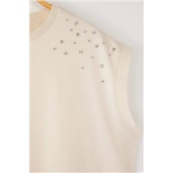 Bej Bisiklet Yaka Taşlı %100 Pamuk Örme T-Shirt TBBSS23BF00041