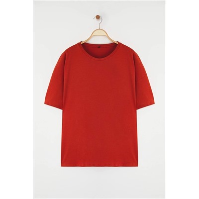 Kiremit %100 Pamuk Sırt Baskılı Rahat Kesim Bisiklet Yaka Örme T-Shirt TBBSS24BF00025