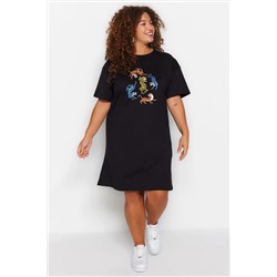 Siyah Bisiklet Yaka Leopar Baskılı %100 Pamuk Örme Büyük Beden T-shirt Elbise TBBSS23AH00163
