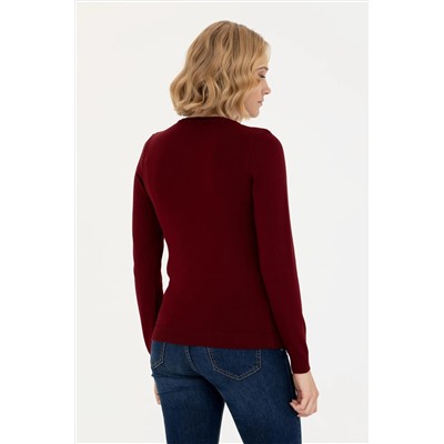Kadın Bordo V - Yaka Basic Kazak