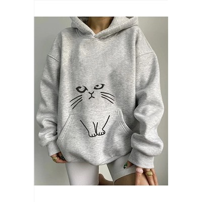 NEW MODAKedi Baskılı Kapüşönlü Sweatshirt