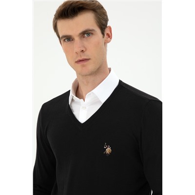 Erkek Slim Fit V Yaka Siyah Basic Kazak