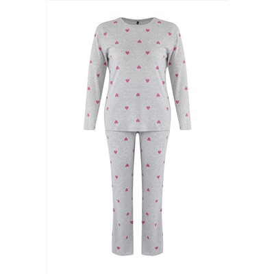 Gri Melanj Kalpli Slogan Baskılı Lastikli Örme Pijama Takımı TBBAW26AI00020