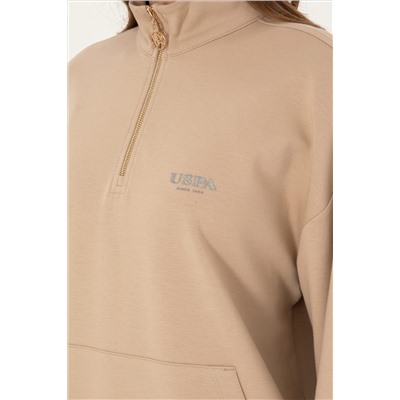 Kadın Kum Dik Yaka Fermuarlı Sweatshirt