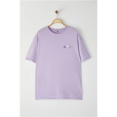 Mor Yıkamalı Sırt Baskılı Geniş Kalıp %100 Pamuk Örme bÜyük Beden Tshirt TBBSS25BF00006