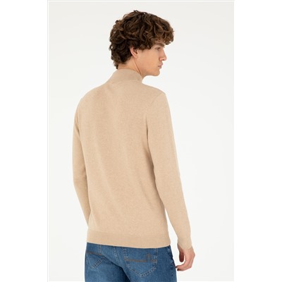Erkek Slim Fit Yarım Boğazlı Kum Melanj Basic Kazak