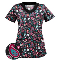 UA Party Paisley Black Print Scrub Top