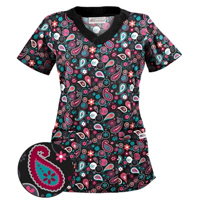 UA Party Paisley Black Print Scrub Top
