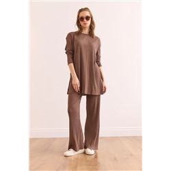 Olalook Kadın Vizon Üst Yırtmaçlı Bluz Alt Palazzo Fitilli Takım TKM-19000180