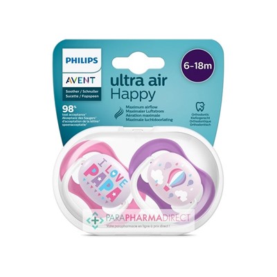 Avent Sucettes Ultra Air Happy 6-18 mois "Love" & Montgolfière x2