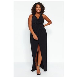 Trendyol Curve Siyah Yırtmaçlı Midi Örme Elbise TBBAW24AH00095