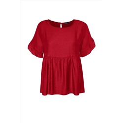 Kırmızı Kısa Kol Dokuma Volanlı Büyük Beden Bluz TBBSS22AF0002