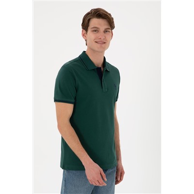 Erkek Slim Fit Polo Yaka Koyu Yeşil Basic Tişört