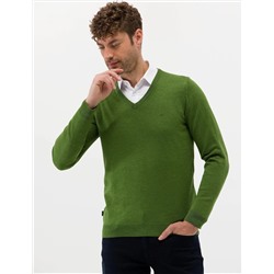 Yeşil Slim Fit V Yaka Basic Triko Kazak