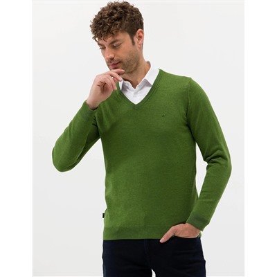 Yeşil Slim Fit V Yaka Basic Triko Kazak
