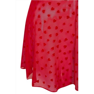 Kırmızı Sabit Kaplı Ayarlanabilir Askılı Flok Kalp Desenli Büyük Beden Babydoll TBBSS25DH00000