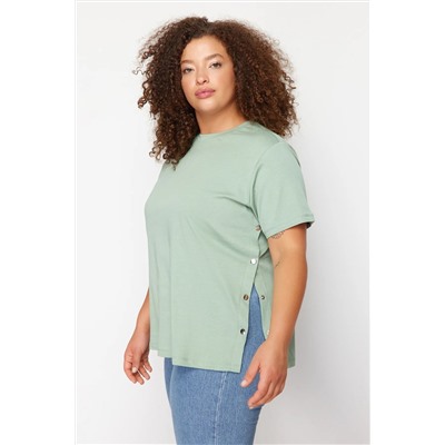 Mint Yeşili Boyfriend Fit Yanda Çıt Çıt Detaylı %100 Pamuk Örme Büyük Beden T-shirt TBBSS24BF00000