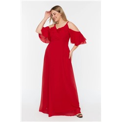 Kırmızı Kolları Fırfırlı Dokuma Kruvaze Yaka Şifon Abiye/Gece/Mezuniyet/Nişan Elbise TBBSS22AH0178