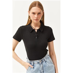 Olalook Kadın Siyah Polo Yaka Düğmeli Likralı Bluz BLZ-19002558