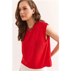 Olalook, Kadın Kırmızı Kolsuz Crop Dökümlü Top Bluz Blz-19002931