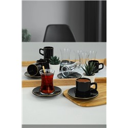 Keramika Siyah Fileli Çay Kahve Takımı 18 Parça 6 Kişilik TS087018F650A841600MATT300