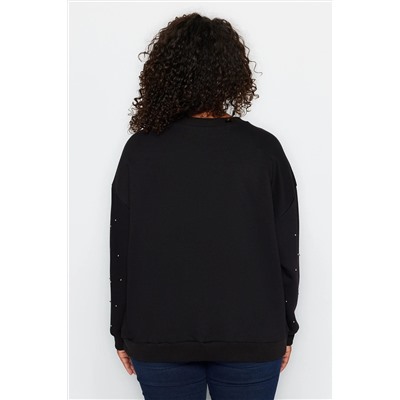 Siyah Kalın Taşlı Detaylı Örme Büyük Beden Sweatshirt TBBAW24SW00000