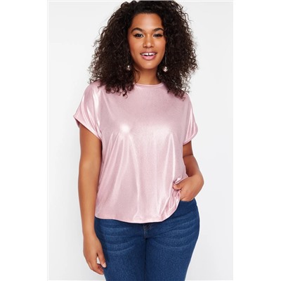 Pudra Metalik Baskılı Örme Bluz TBBSS24AF00007