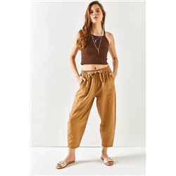 Olalook Kadın Camel Cepli Dikiş Detaylı Keten Şalvar Pantolon PNT-19000234