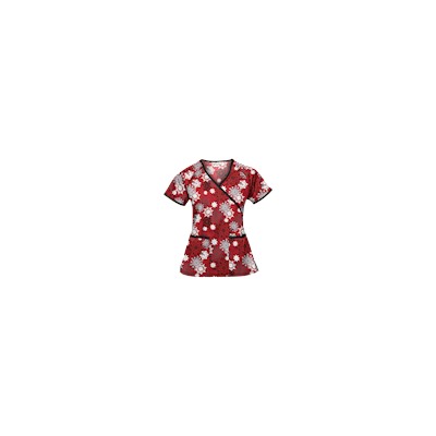 UA Festive Snowflakes Red Mock Wrap Scrub Top