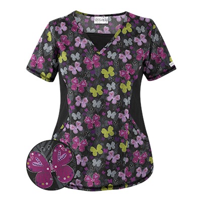 UA Butterfly Bounty Black Print Scrub Top