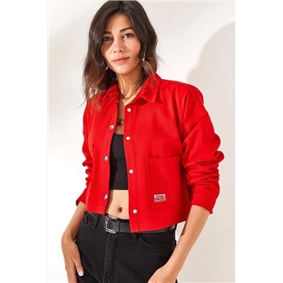 Olalook Kadın Kırmızı Çift Cepli Crop Denim Ceket CKT-19000345