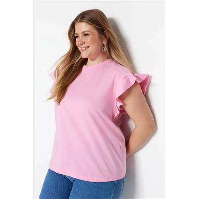 Pembe Bisiklet Yaka Kolları Fırfırlı %100 Pamuk Örme T-Shirt TBBSS23BF00006