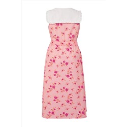 Pembe  Çiçekli Poplin %100 Pamuk Bebe Yaka Midi Dokuma Büyük Beden Elbise TBBSS25AH00158